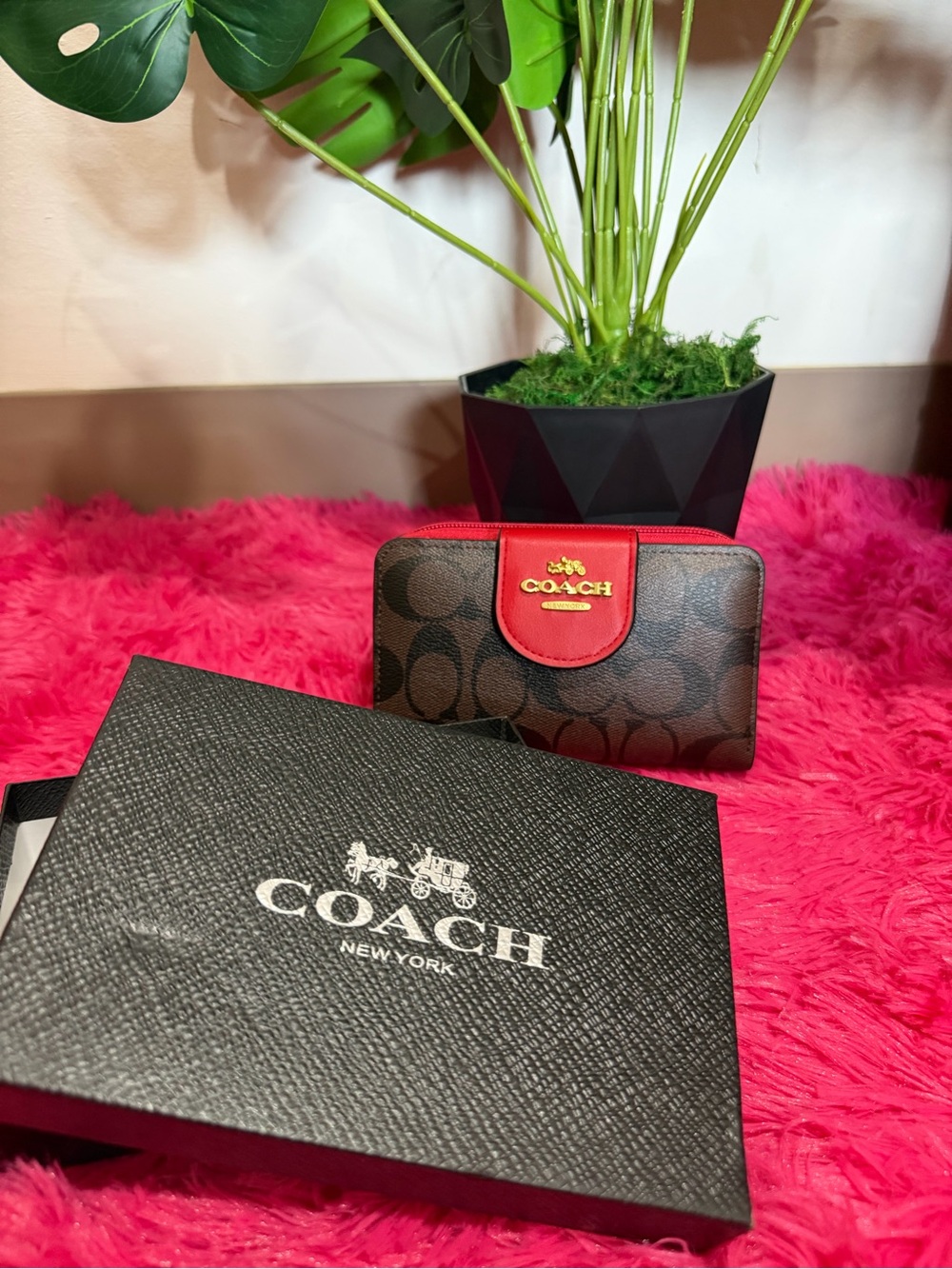 COACH Brown Signature Canvas Card Holder with Red Trim